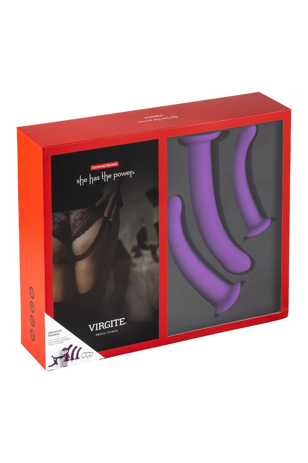VIRGITE  UNIVERSAL HARNESS WITH PURPLE DILDO SET SIZES S M L PURPLE
