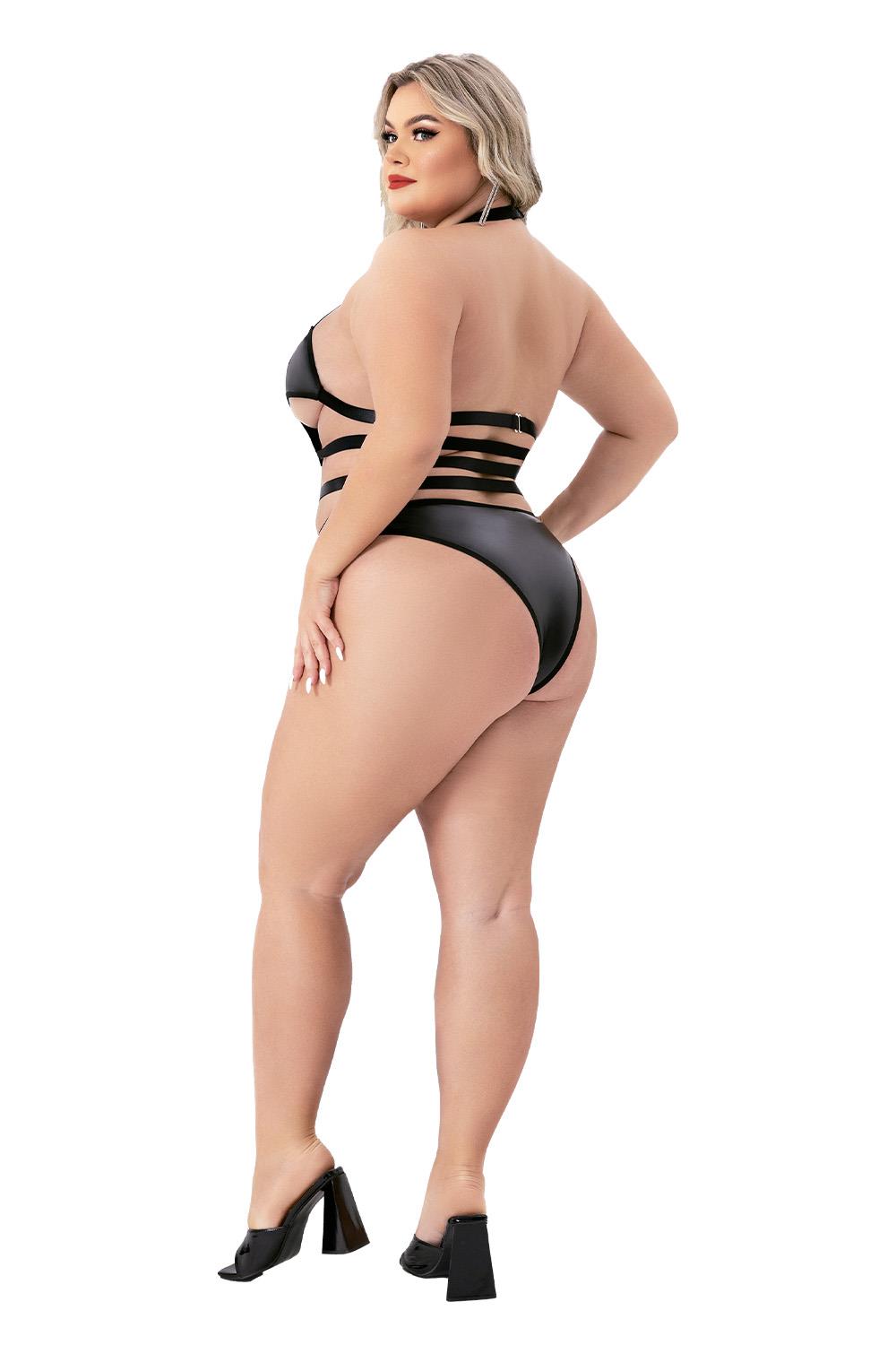 HALTER TOP WETLOOK TEDDY BLACK, QS